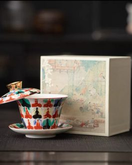 Dunhuang Cultural Creativity Thousand Buddhas Suspended Nacreous Jade Ceramic Gaiwan Kung Fu Tea Set 11.2*9.5cm Gift Box