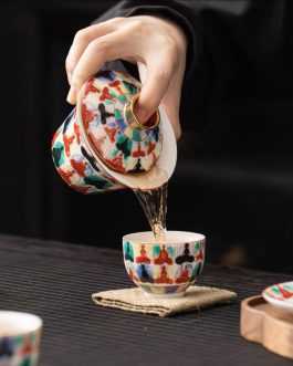 Dunhuang Cultural Creativity Thousand Buddhas Suspended Nacreous Jade Ceramic Gaiwan Kung Fu Tea Set 11.2*9.5cm Gift Box