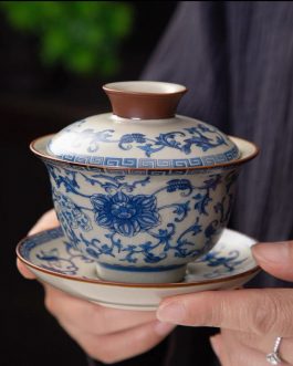 Chinese Blue-and-White Porcelain Gaiwan Rotating Lid Bowl Premium Single-Serve Tea Bowl Gongfu Tea Set can Stay not Hot to Touch